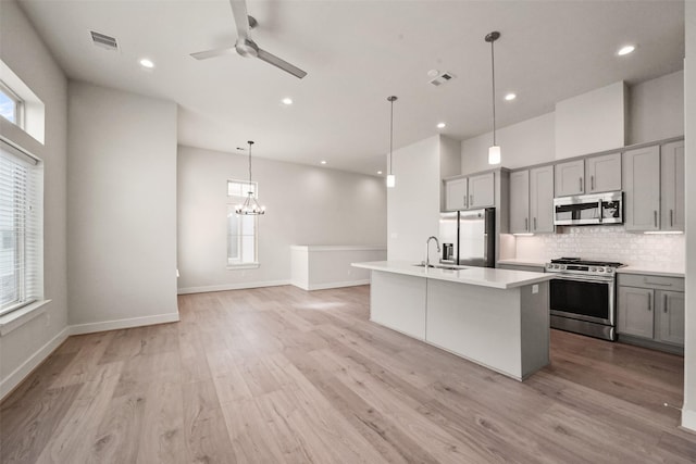 kitchen with a center island with sink, appliances with stainless steel finishes, gray cabinets, pendant lighting, and light hardwood / wood-style floors