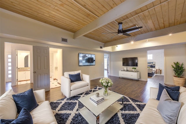 living room with ceiling fan, beam ceiling, hardwood / wood-style floors, and wooden ceiling