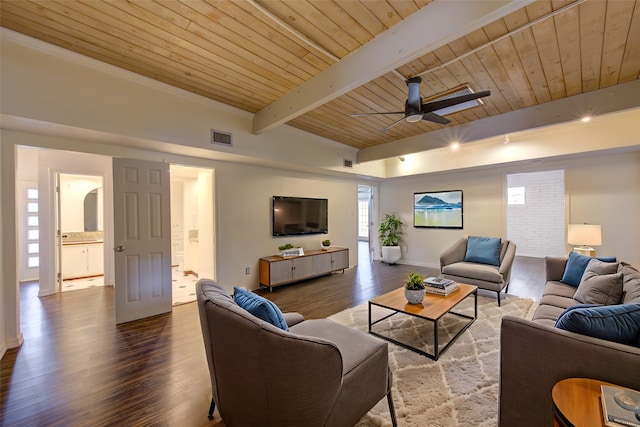 living room featuring dark hardwood / wood-style flooring, wood ceiling, and beam ceiling