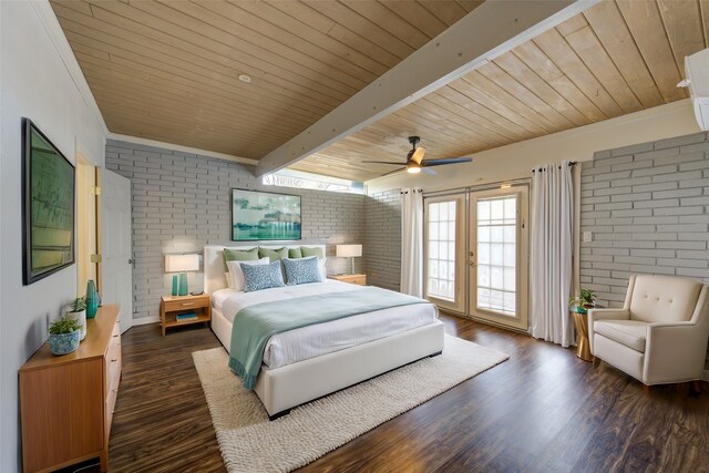 bedroom with dark wood-type flooring, wooden ceiling, access to outside, beamed ceiling, and brick wall