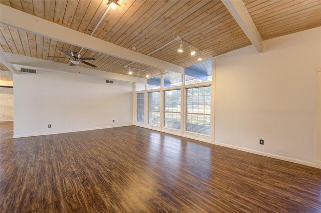 empty room featuring dark hardwood / wood-style floors, wood ceiling, beam ceiling, and rail lighting