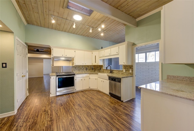 kitchen featuring sink, light stone counters, wood ceiling, appliances with stainless steel finishes, and white cabinets