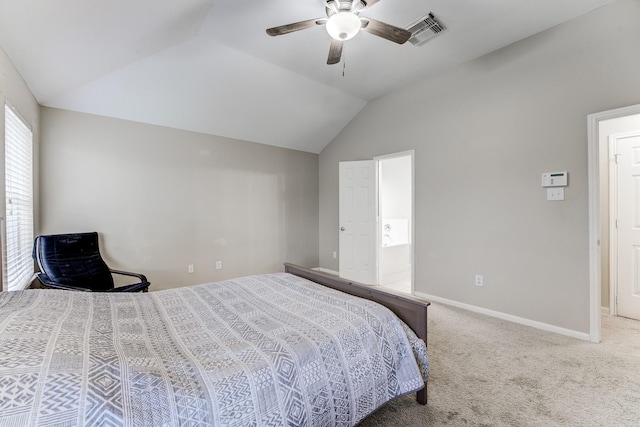 bedroom featuring ceiling fan, carpet flooring, and vaulted ceiling