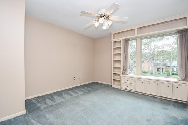 unfurnished bedroom with ceiling fan and carpet floors