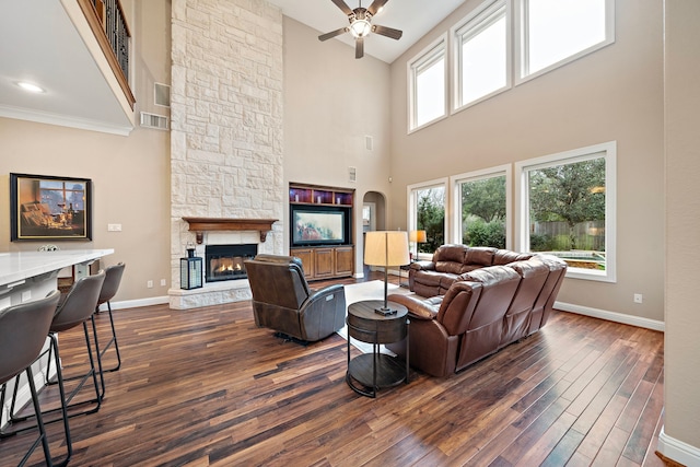 living room featuring a healthy amount of sunlight, dark wood finished floors, and a stone fireplace