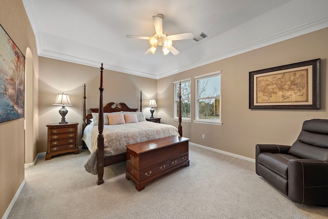 bedroom with ceiling fan, light colored carpet, visible vents, baseboards, and ornamental molding