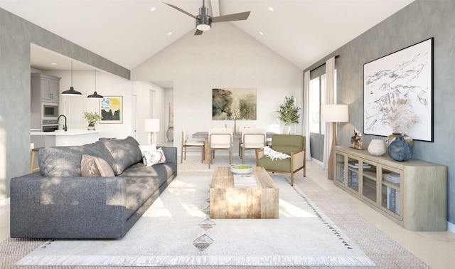 living room with high vaulted ceiling and ceiling fan