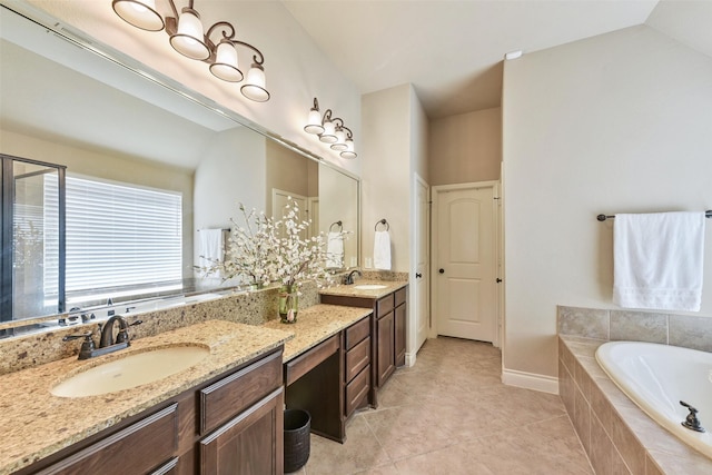 bathroom featuring vanity, tile patterned flooring, a relaxing tiled tub, and vaulted ceiling