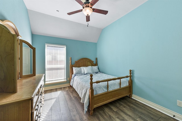 bedroom featuring lofted ceiling, dark hardwood / wood-style floors, and ceiling fan