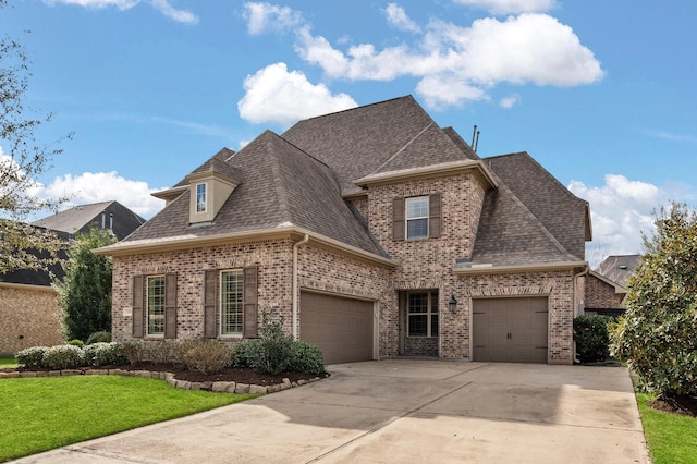 view of front of property with a garage, a shingled roof, a front yard, and brick siding