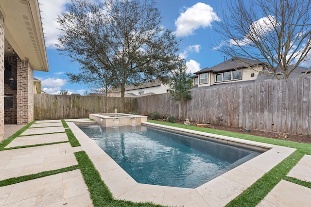 view of pool featuring a patio area, a fenced backyard, a fenced in pool, and an in ground hot tub