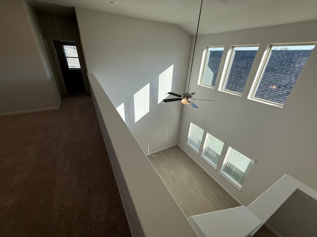 interior space featuring lofted ceiling and ceiling fan