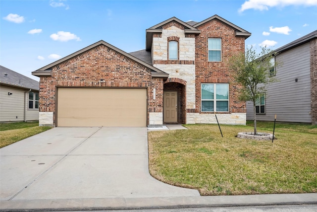 view of property with a garage and a front yard