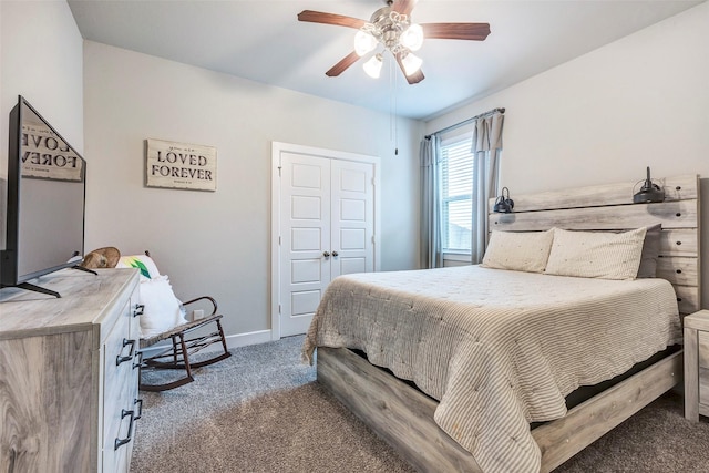 carpeted bedroom with ceiling fan and a closet