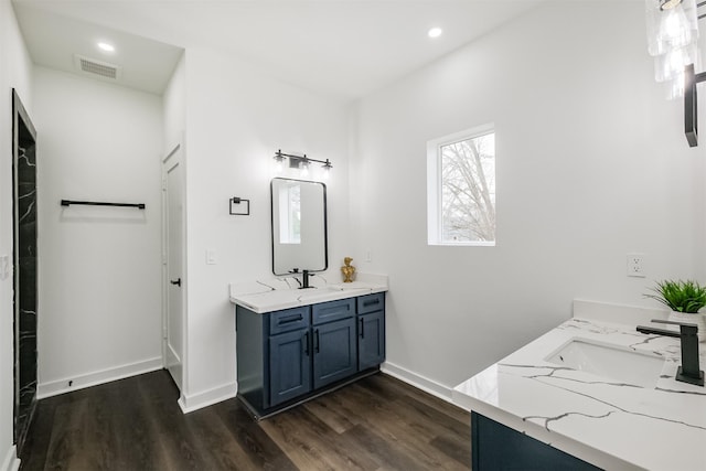 bathroom with hardwood / wood-style flooring and vanity