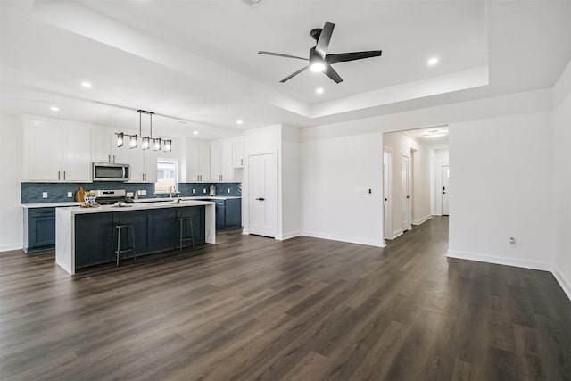 kitchen featuring stainless steel appliances, a kitchen island with sink, white cabinets, and a tray ceiling