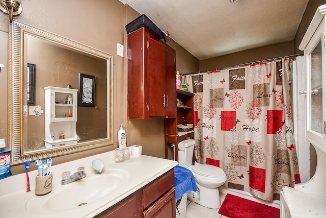 bathroom with vanity, toilet, a shower with shower curtain, and a textured ceiling