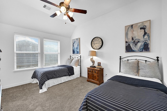 carpeted bedroom featuring ceiling fan and vaulted ceiling