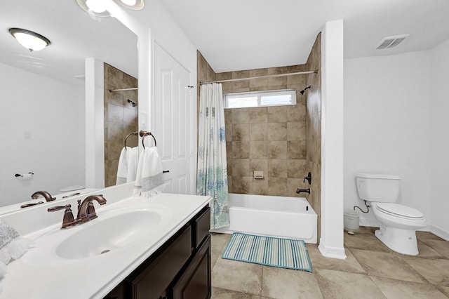 full bathroom featuring vanity, shower / bath combination with curtain, and toilet