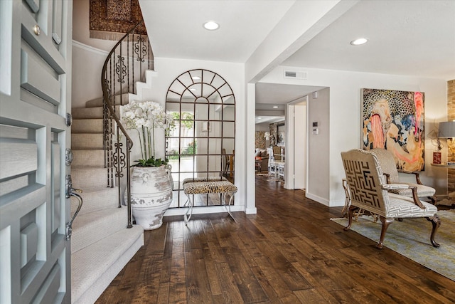 7533 Del Monte Dr, Houston, TX 77063 - entryway with visible vents, hardwood / wood-style flooring, recessed lighting, baseboards, and stairs