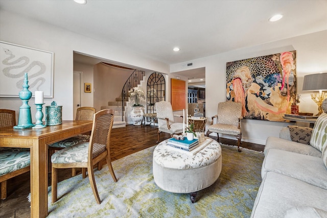 7533 Del Monte Dr, Houston, TX 77063 - living room featuring recessed lighting, stairway, visible vents, and wood finished floors