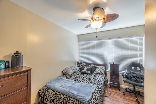 bedroom with ceiling fan and wood-type flooring