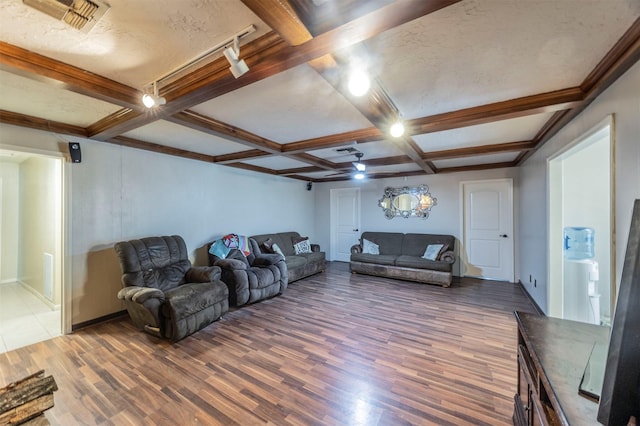 living room with coffered ceiling, beam ceiling, and dark hardwood / wood-style floors