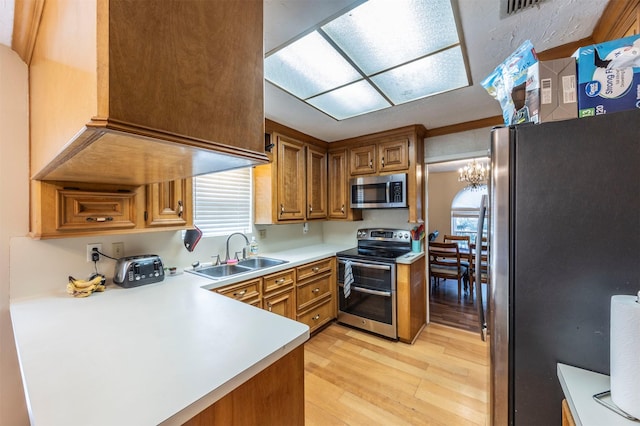 kitchen featuring sink, a chandelier, kitchen peninsula, stainless steel appliances, and light hardwood / wood-style floors