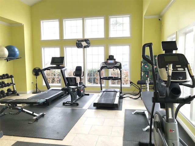 workout area with a healthy amount of sunlight and a high ceiling