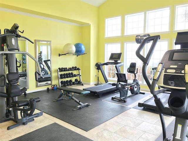 workout area featuring ornamental molding