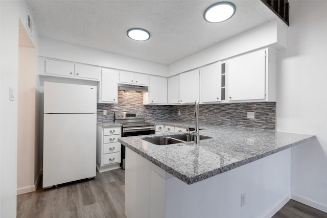 kitchen with white cabinetry, sink, white fridge, electric range, and kitchen peninsula