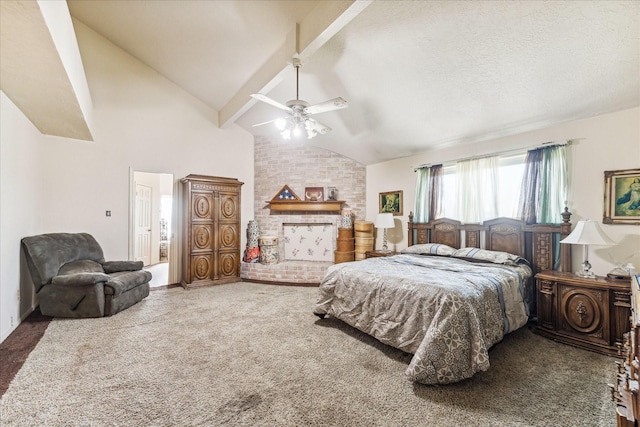 carpeted bedroom with ceiling fan, high vaulted ceiling, a textured ceiling, and beam ceiling