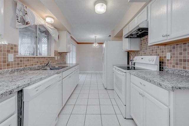 kitchen with sink, white appliances, light tile patterned floors, white cabinetry, and backsplash