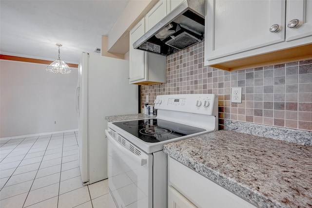 kitchen with pendant lighting, white appliances, white cabinetry, ventilation hood, and light tile patterned flooring