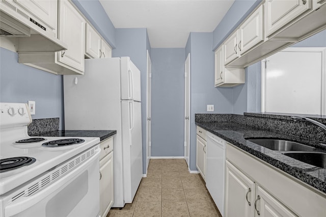 kitchen with white cabinetry, white appliances, light tile patterned flooring, and sink