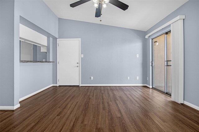 unfurnished living room featuring ceiling fan, wood finished floors, and baseboards