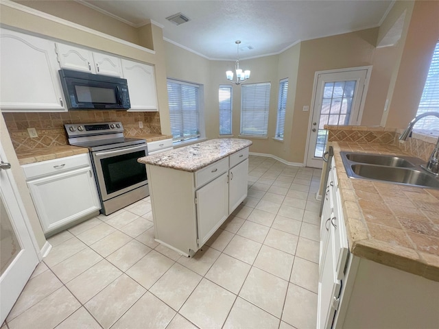 kitchen with sink, white cabinetry, a kitchen island, decorative light fixtures, and stainless steel range with electric cooktop