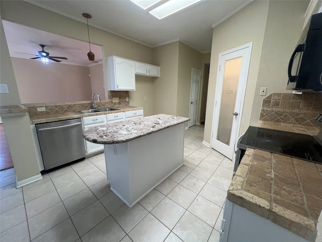 kitchen with sink, white cabinetry, stainless steel dishwasher, ornamental molding, and kitchen peninsula