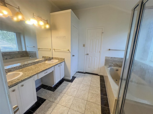 bathroom with vanity, plus walk in shower, and tile patterned flooring