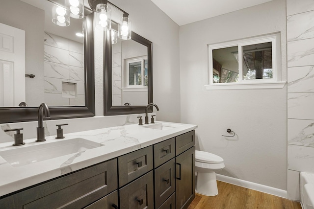 bathroom featuring double vanity, wood finished floors, a sink, and toilet