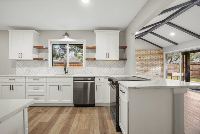 kitchen with white cabinetry, black electric range, lofted ceiling with beams, and dishwasher