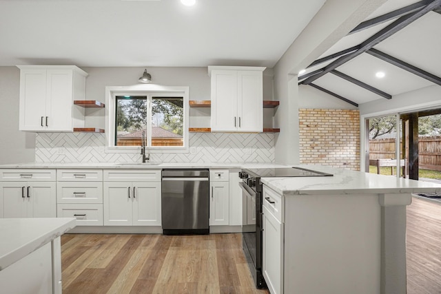 kitchen with vaulted ceiling with beams, electric range, open shelves, and stainless steel dishwasher