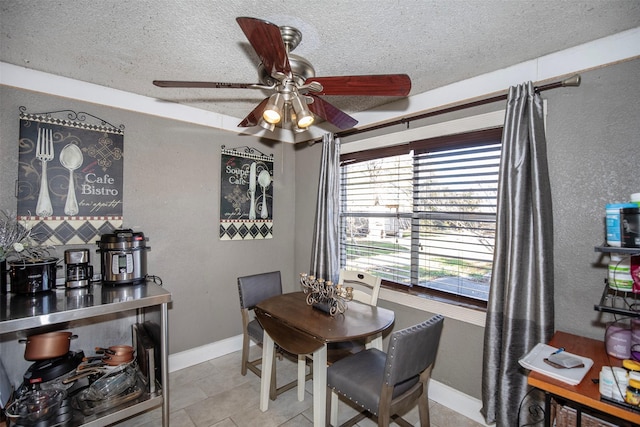 dining space featuring ceiling fan and a textured ceiling