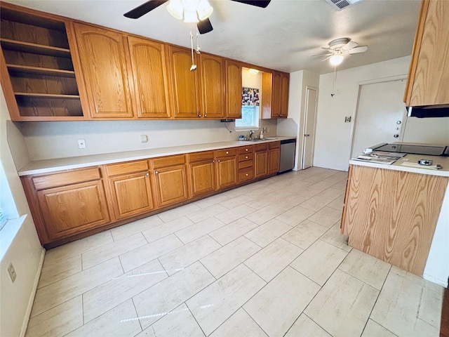 kitchen featuring brown cabinetry, ceiling fan, light countertops, open shelves, and stainless steel dishwasher