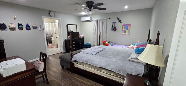 bedroom with dark wood-type flooring, ceiling fan, and a wall mounted AC