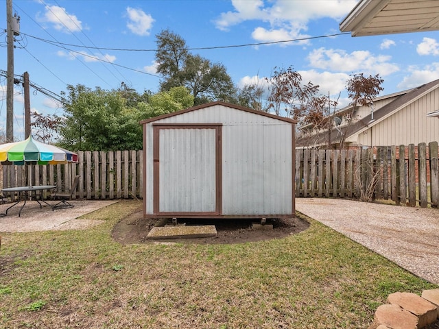 view of shed with a fenced backyard