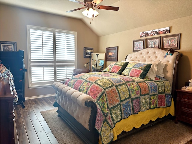 bedroom featuring ceiling fan and vaulted ceiling