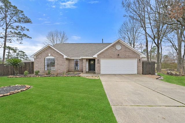 ranch-style home with a garage and a front yard