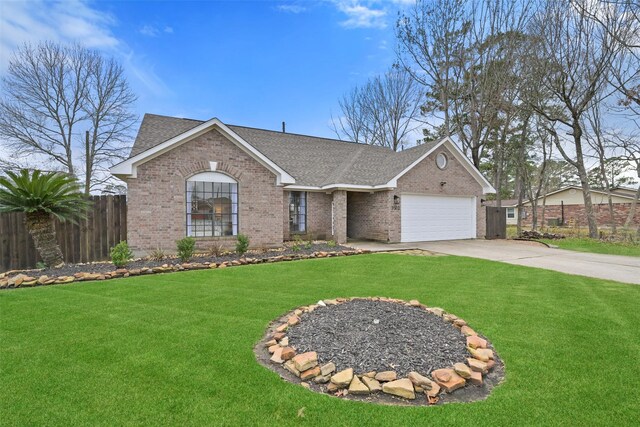 ranch-style home with a garage and a front lawn