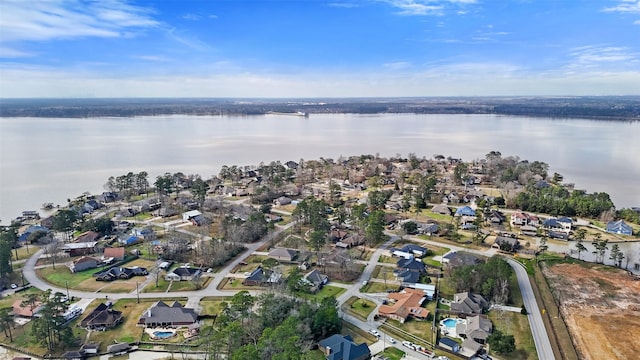 aerial view featuring a residential view and a water view